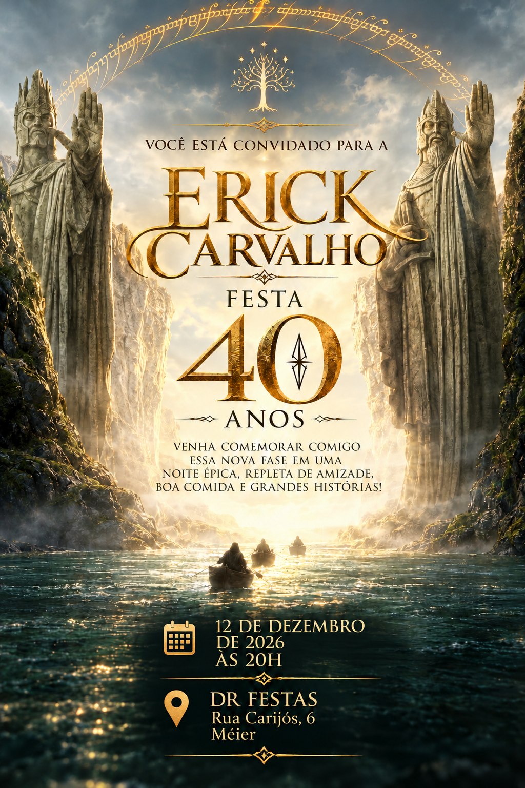 Convite de Erick Carvalho: 40 anos, 12 de dezembro de 2026 às 20h, DR Festas, Rua Carijós 6, Méier